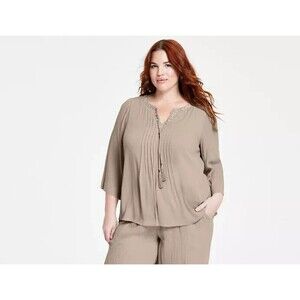 JM Collection Women's Plus Size Beaded-Neck Gauze Top Stone Wall Tan Beige 1X